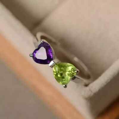 14K Yellow Gold FN Heart Lab Created Peridot & Amethyst Valentine Proposal Ring