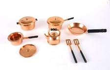 Dollhouse Miniature Metal 10 Pc Copper Tone Pots and Pans Set, G6107