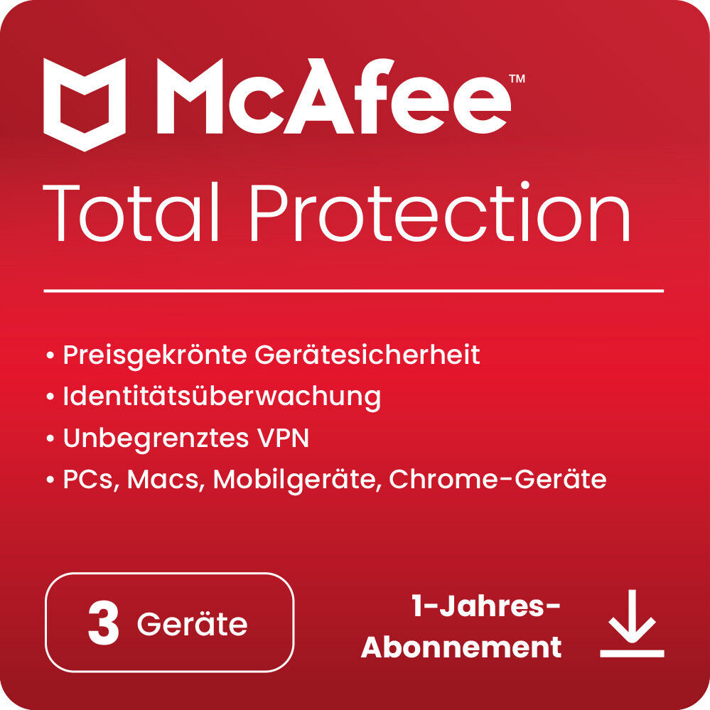McAfee Total Protection 2024 3-Geräte 1-Jahr inkl.VPN Kennwort-Manager KEY