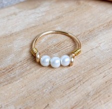 Dainty Pearl Ring, Wire Wrap, Gold Silver Band, Friendship Ring, Promise, Teen
