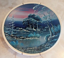 1972 Oil Painted Landscape Porcelain Plate Signed by Unknown Artist Ohio