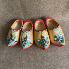 Two Pairs Dutch Carved Wooden Shoes Windmills Souvenir of Holland Clogs Child