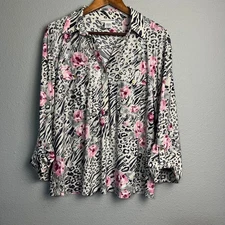Rebecca Malone XL Pink Shimmer Floral Animal Print Blouse L/SL Flowy Button Down