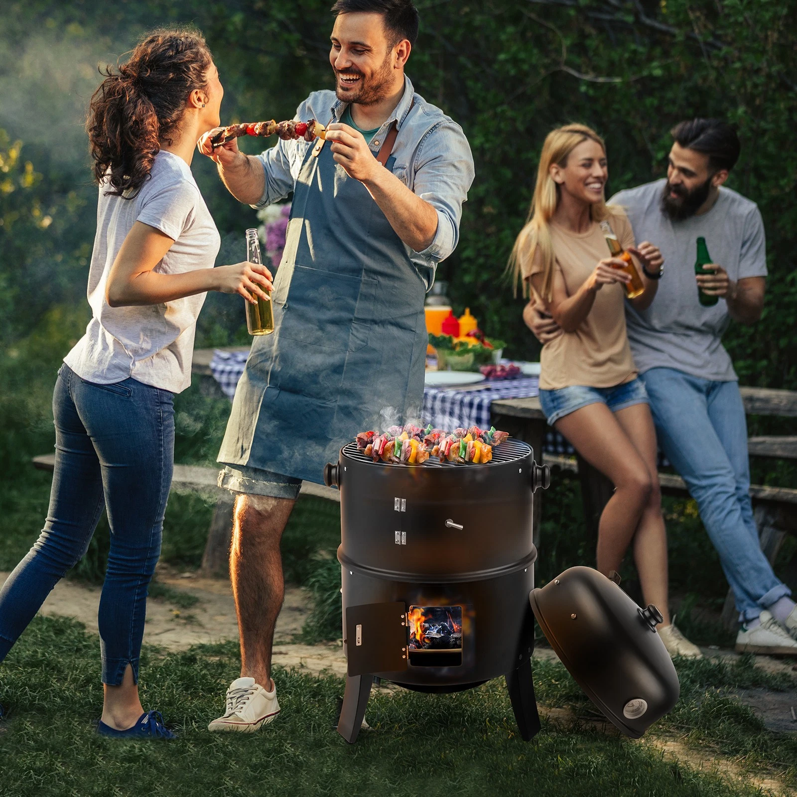 Outdoor Charcoal BBQ Smoker Grill Portable Iron Barbecue Black 80cm