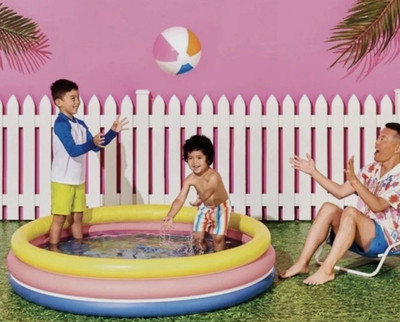 Sun Squad Inflatable 3 Ring Pool 105 gal Round Kiddie Pool - Yellow/Pink/Navy