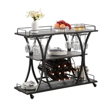 W44" 3-Tier Bar Serving Cart Trolley Wine Rack Glasses Holder Shelves Wood&Steel