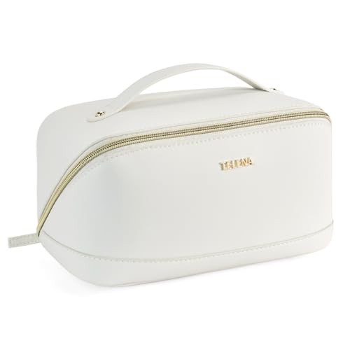 Large Travel Makeup Bag with PU Leather Beige Spacious Portable Cosmetic Organizer-image