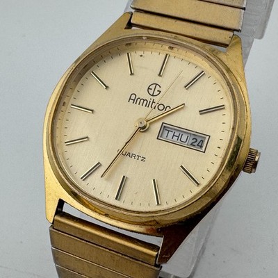 VTG Armitron Quartz Watch Men 30m Gold Tone Barrel Date Day Stretch New Battery