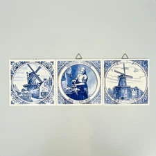 Vintage Lot of 3 Delft Blauw Schoonhoven Keramiek 6” Tiles Holland Blue & White