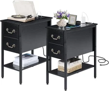 End Tables Set of 2,Narrow Nightstands with Charging Station & USB Ports & 2 Dra