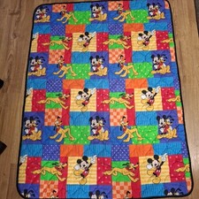 Vintage Disney Mickey Pluto Quilted Crib Baby Blanket Bright Colors 54x40.5  EUC