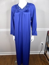 Vintage Shadowline Silky Nylon Women s Nightgown sz M blue Long Gown embroidery