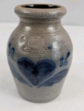 Vintage Rowe Pottery Works 1989 Salt Glaze Cobalt Heart Vase Crock 6 1/4"