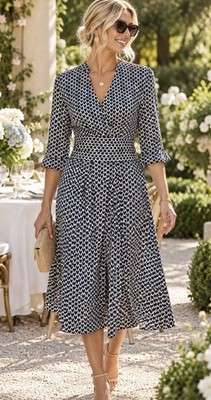 Gerard Darel Dress 12 L Silk Cotton Navy Geometric Wrap Midi French Designer