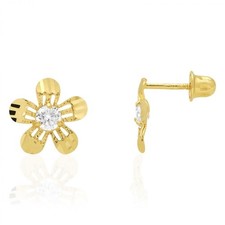 Diamond-Cut Round White Zircon Flower Screw Back Stud Earrings 14K Yellow Gold