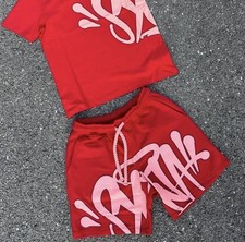 Men's 2-Piece Outfit Set Red/White Graphic Logo Print Drawstring Shorts L