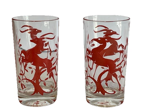 Vintage 1950s Federal Glasses Red Gazelle Pattern 2 piece Set