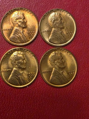 4 RED BU CENTS  1955-S Lincoln Wheat Cent Pennies  💎 GEM RED++  BRILLIANT 💎