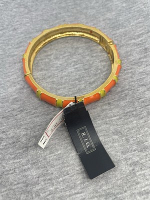 VTG Signed RJG GRAZIANO Goldtone Orange Yellow Enamel Hinged Bangle Bracelet NWT