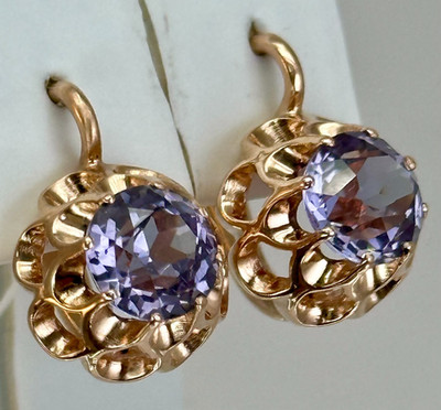 USSR Vintage Original Alexandrite (lab. made) Rose Gold Earrings 583 14K 3.58 g.
