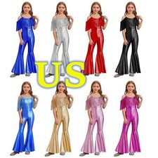 Kids Girls Metallic Flared Pants Jumpsuit Hippie Dance Full Body Unitard Costume