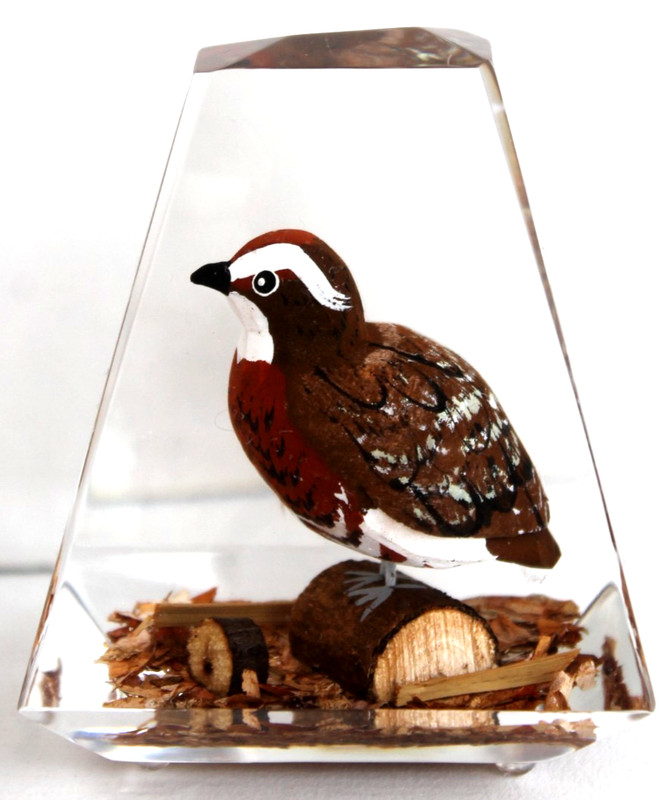 Vintage Hand Carved & Painted Quail in Lucite/acrylic Unique Canada Paperweight