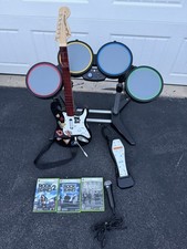 Xbox 360 Rock Band 2, 3, Mic, Drum Set, Guitar, 3 Games Bundle Set, TESTED