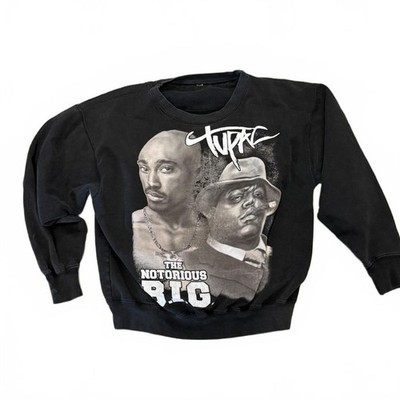Vtg Y2K Tupac 2Pac & Biggie Smalls Crewneck Sweatshirt L Black Full Print Rap