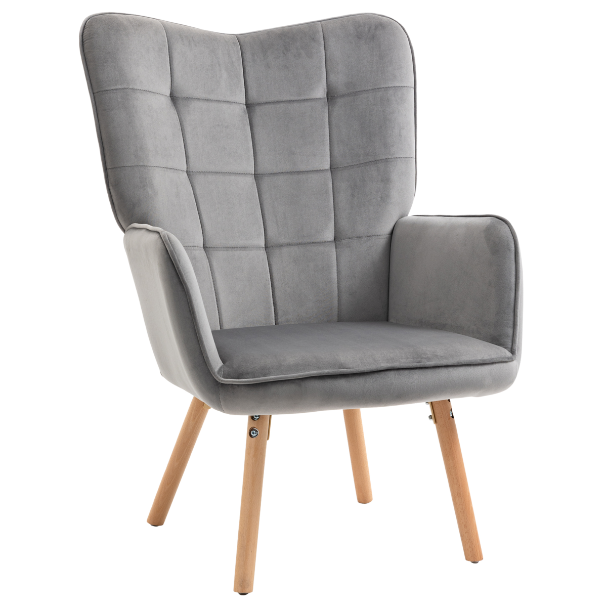 Rackhams Grey Modern Accent Chair, Upholstered Tufted Wingback Armchair With Seat Padding, Velvet Leisure Lounge Bedroom Chair With Wood Legs, - Image 2