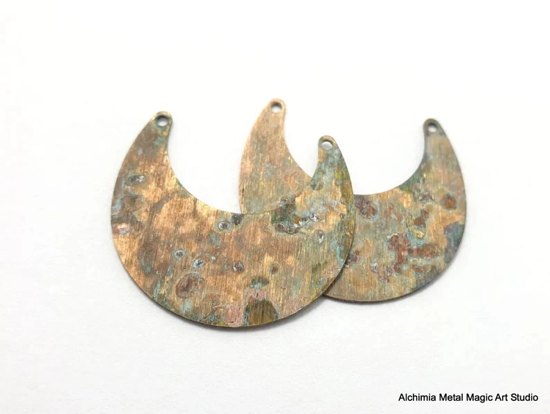 12ps Латунная луна подвеска серьги соединитель плоский пустой органический синий коричневый патина 448 - Изображение 2 из 4