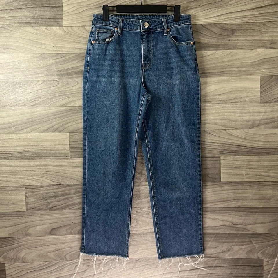 Pantalones de mezclilla rectos Wild Fable para mujer tiro alto lavado medio elástico dobladillo crudo 8 Foto 3 de 4