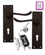 Door Handles Matt Black Finish Victorian Scroll Lock + 64mm Lever Lock & Keys