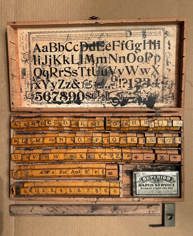 Vintage Rubber Wood Sign Stamp Set in Wooden Box. COMPLETE.