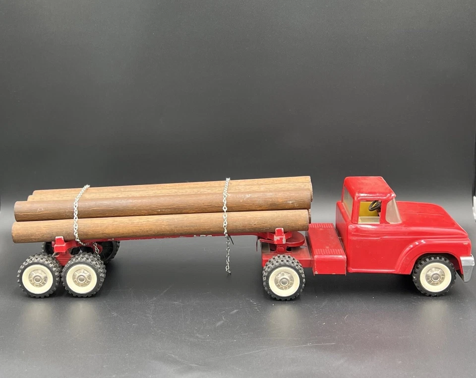 Structo Truck Tractor With Red Log Hauler Trailer With Load Of Logs  - Image 2 of 4