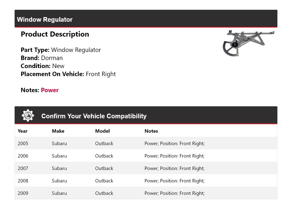 Regulador de ventana delantero derecho Subaru Outback Dorman 2005-2009 2006 2007 2008 Foto 2 de 4