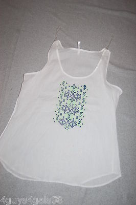 Womens Tank Top WHITE w/ GREEN BLUE EMBROIDERY Loose Fit Peasant 2X 18W-20W
