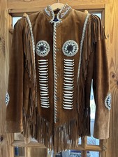 Native American Style Brown Suede Leather Beaded Jacket Size S & Skirt Size 12