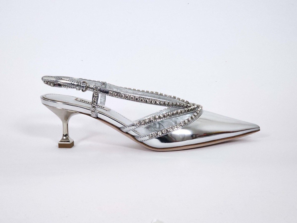 スリッポン MIU MIU Velvet slingback Silver MIU MIU Silver Crystal Kitten Heel Slingback Sandals Shoes