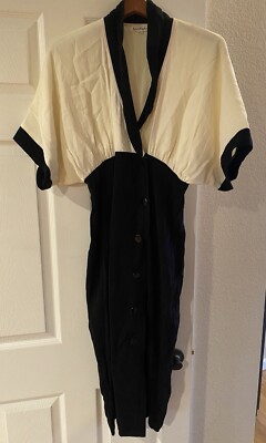VTG Ann Taylor Sz8 Collared High-Waist Midi Black Ivory Career ...