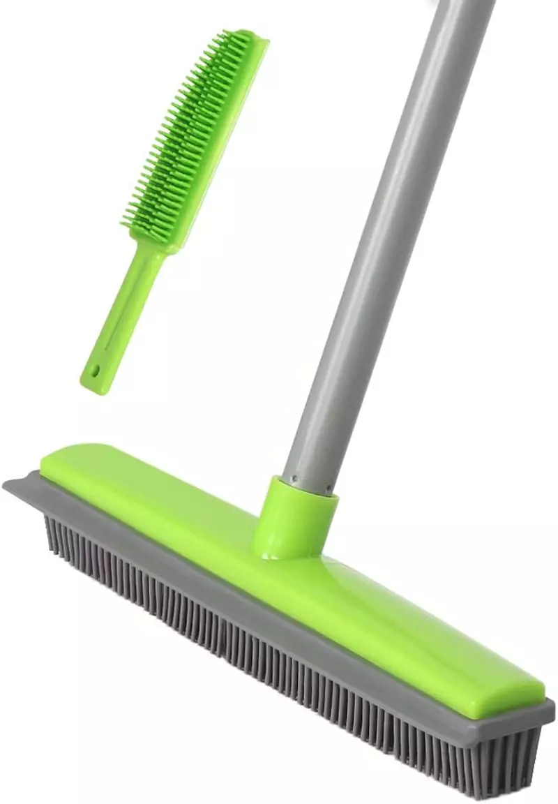 Rubber Broom Carpet Rake for Pet Hair, Fur Remover Broom with Squeegee