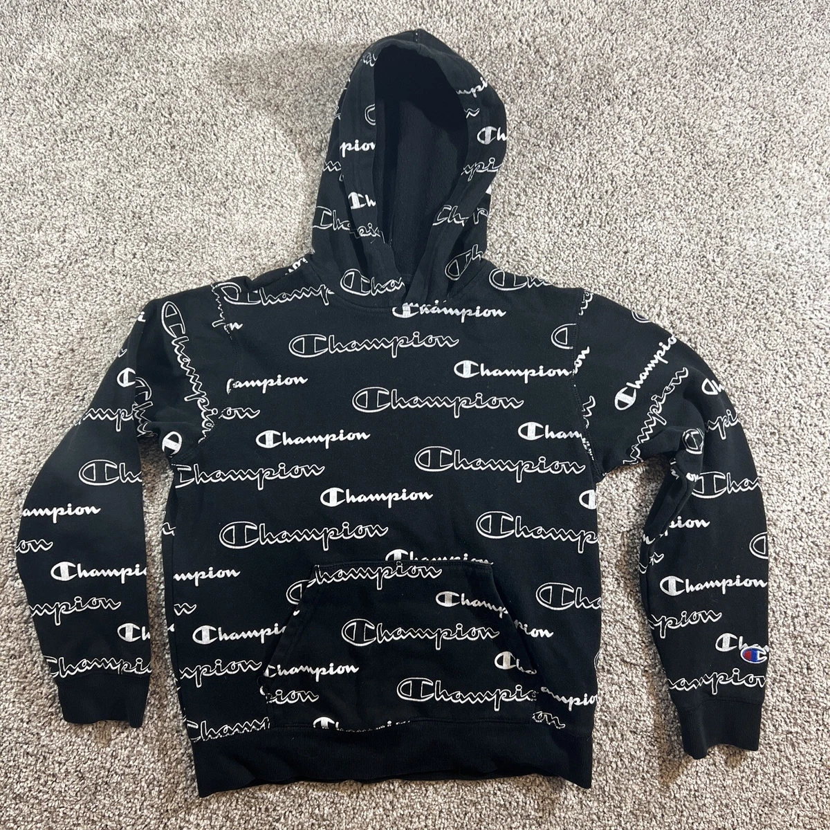 Champion Sweater Boys Large Black White Logo Hoodie Sweatshirt Boys Youth