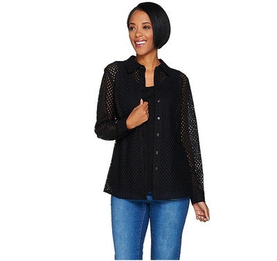 Denim \u0026 Co. Button Front Eyelet Shirt 