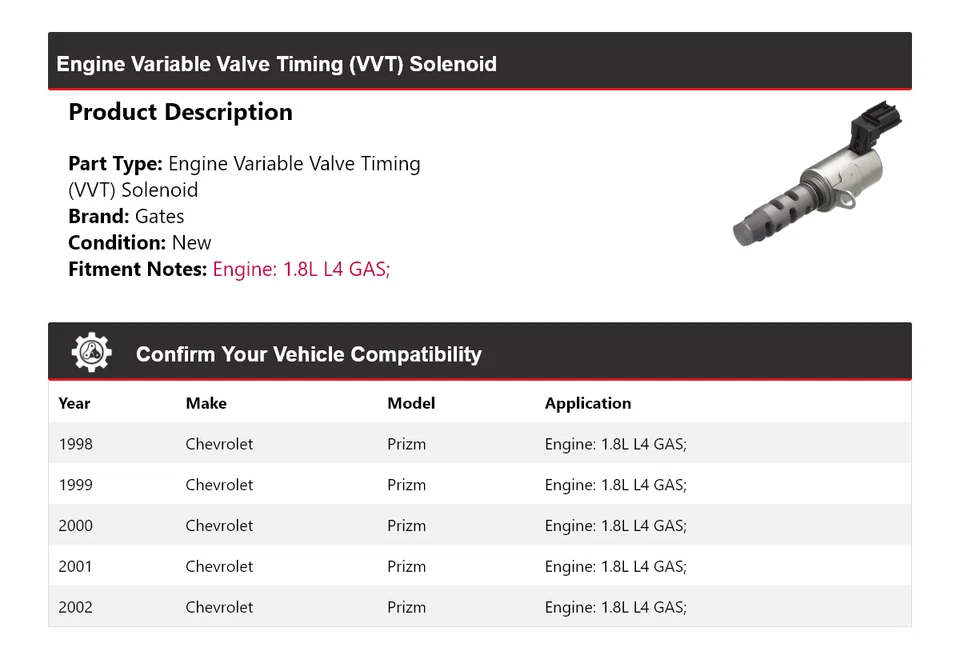 Para Chevrolet Prizm 1998-2002 1,8 L L4 motor de gas VVT puertas solenoides 1999 2000 Foto 2 de 4