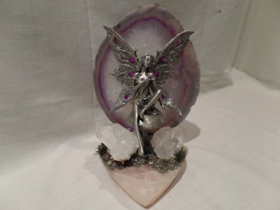 MAGICAL MYTHICAL FANTACY PEWTER FAIRY SITTING ATOP A MUSHROOM ON A HEART SHAPE