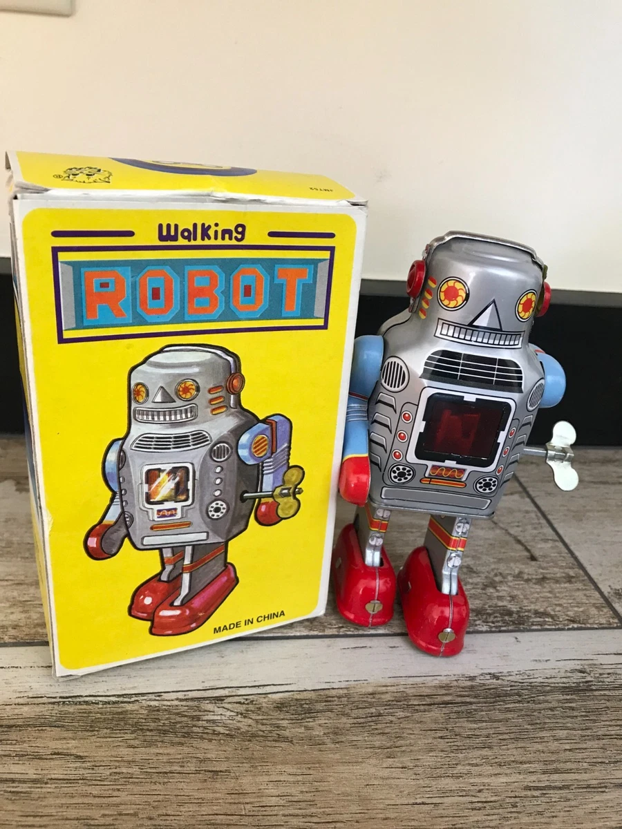 Wind Up Walking Sparking Tin Robot Toy Original Box Vintage See Video Below NOS