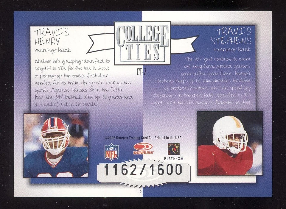 CT-2 TRAVIS HENRY / TRAVIS STEPHENS 2002 Donruss Elite College Ties /1600 BILLS - Image 2 of 2