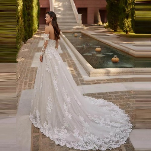 Vestido de novia A-Line sencillo encaje hombros caídos manga larga elegante - Imagen 4 de 6