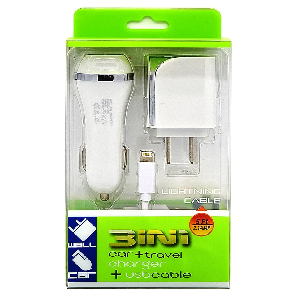 White Color 2.1A Car Charger Adapter + Wall Home Charger + 5ft USB Cord Cable  - Image 4 of 4