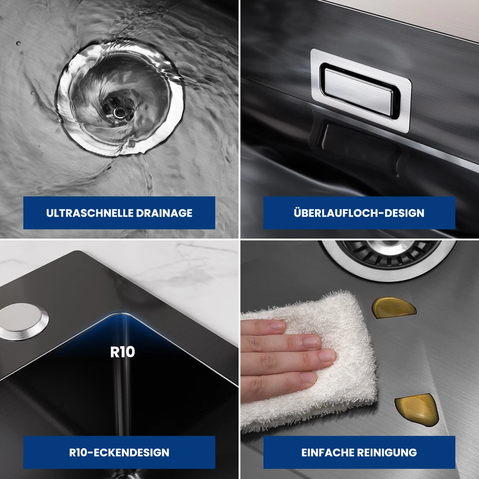 60x45 cm Küchenspüle Edelstahl Einbauspüle Spülbecken mit Ausziehbar Wasserhahn - Bild 4 von 4