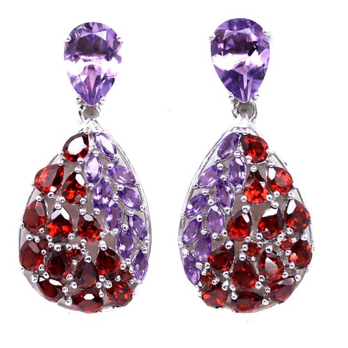 Unheated Purple Amethyst & Red Garnet Earrings 925 Sterling Silver